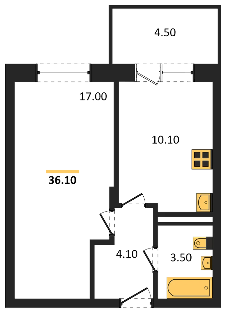 Планировка: 1-комн., 36,1 м²