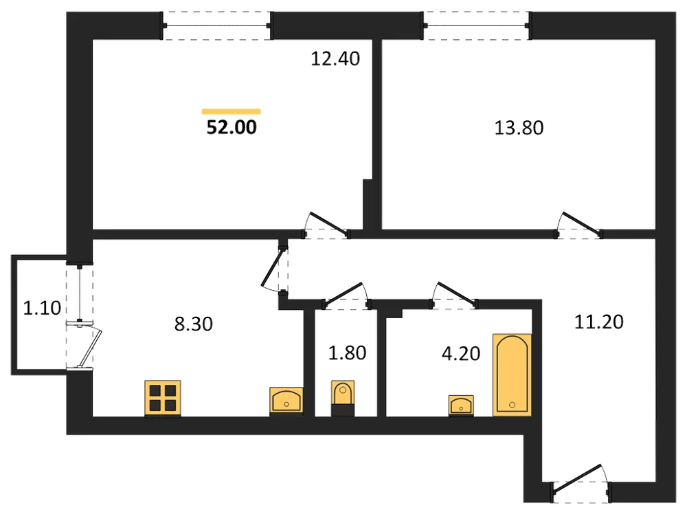 Планировка: 2-комн., 52 м²