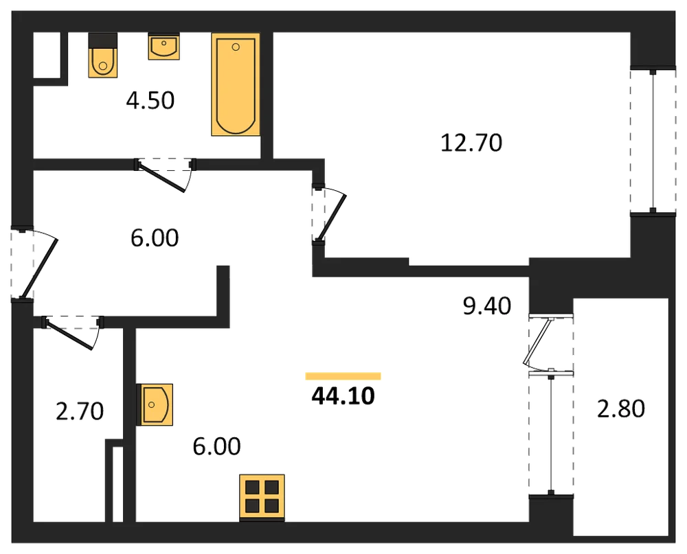 Планировка: 1-комн., 44,1 м²