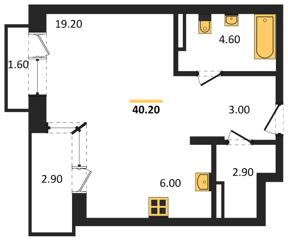 Планировка: Студия, 40,2 м²