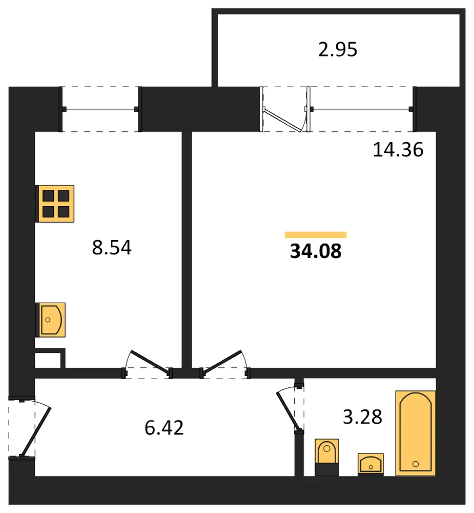 Планировка: 1-комн., 34,1 м²