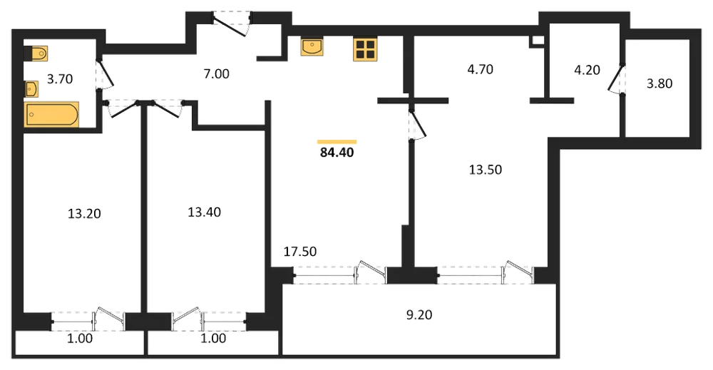Планировка: 3-комн., 84,4 м²