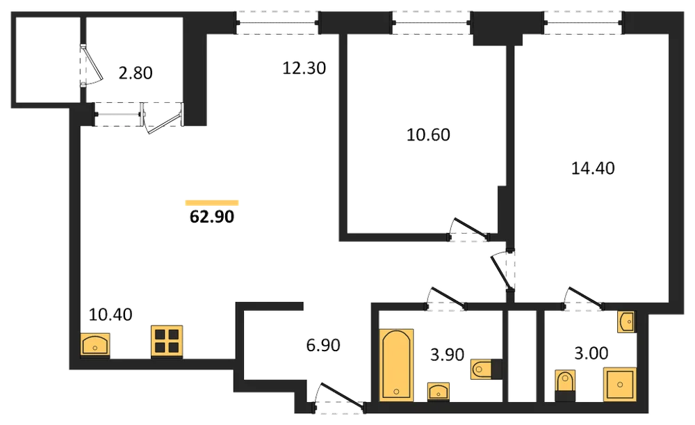 Планировка: 2-комн., 62,9 м²