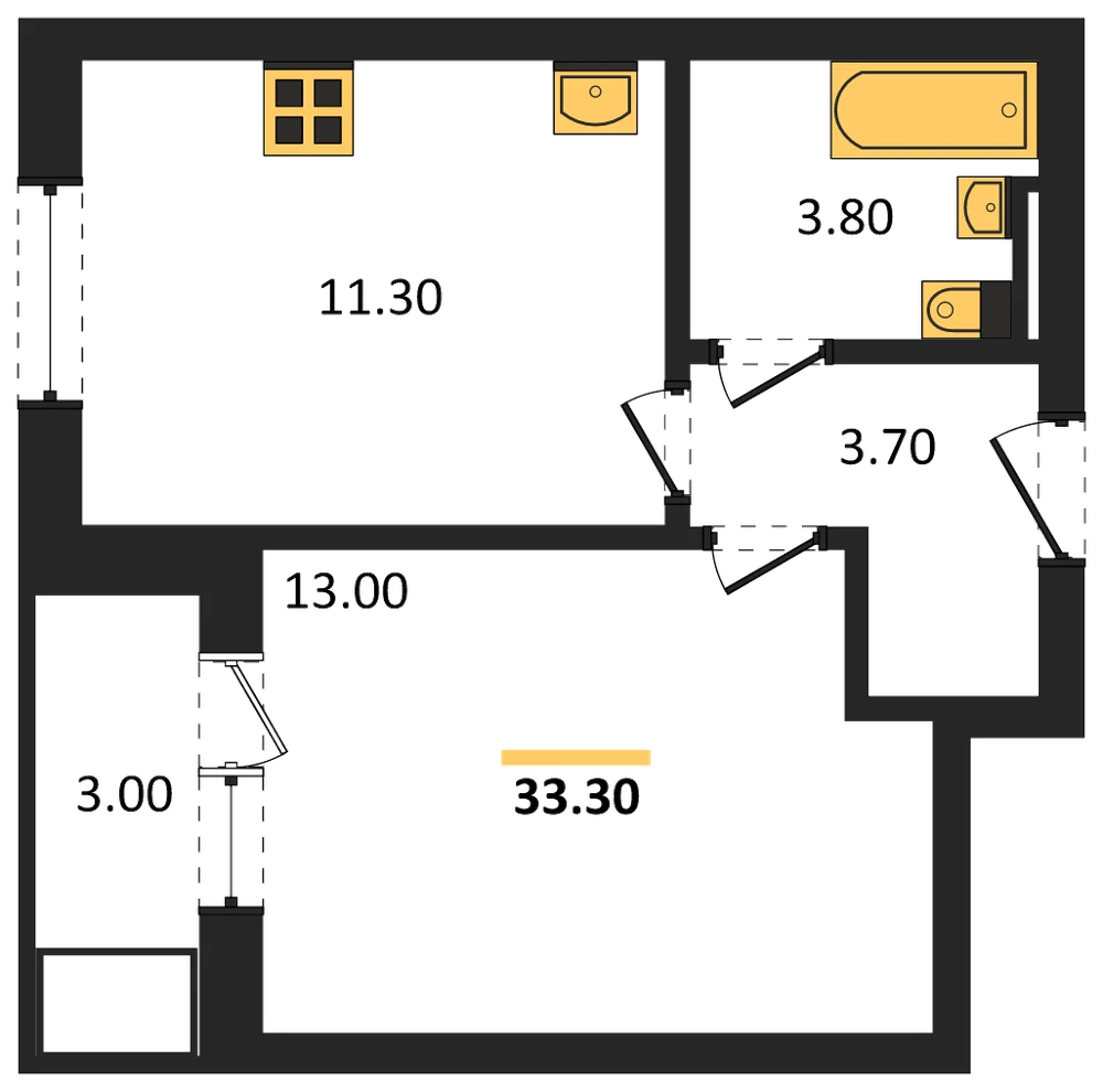 Планировка: 1-комн., 33,3 м²