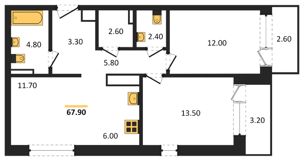 Планировка: 2-комн., 67,9 м²