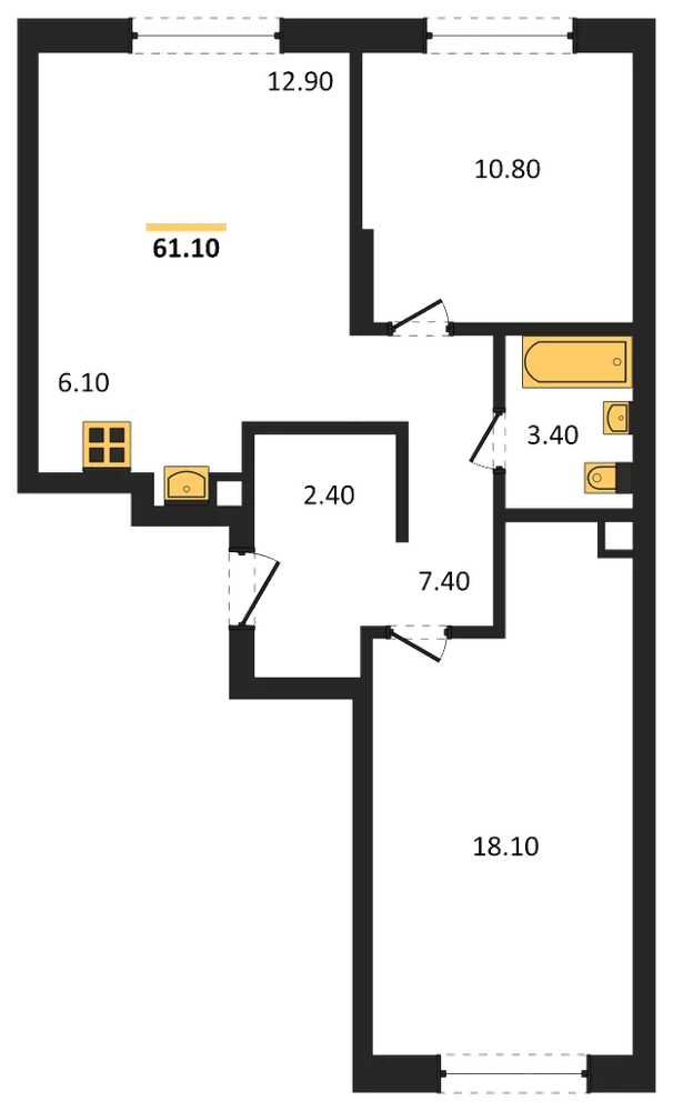 Планировка: 2-комн., 61,1 м²