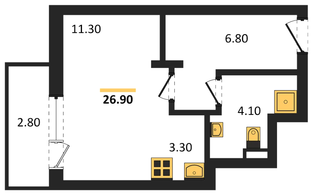 Планировка: Студия, 26,9 м²