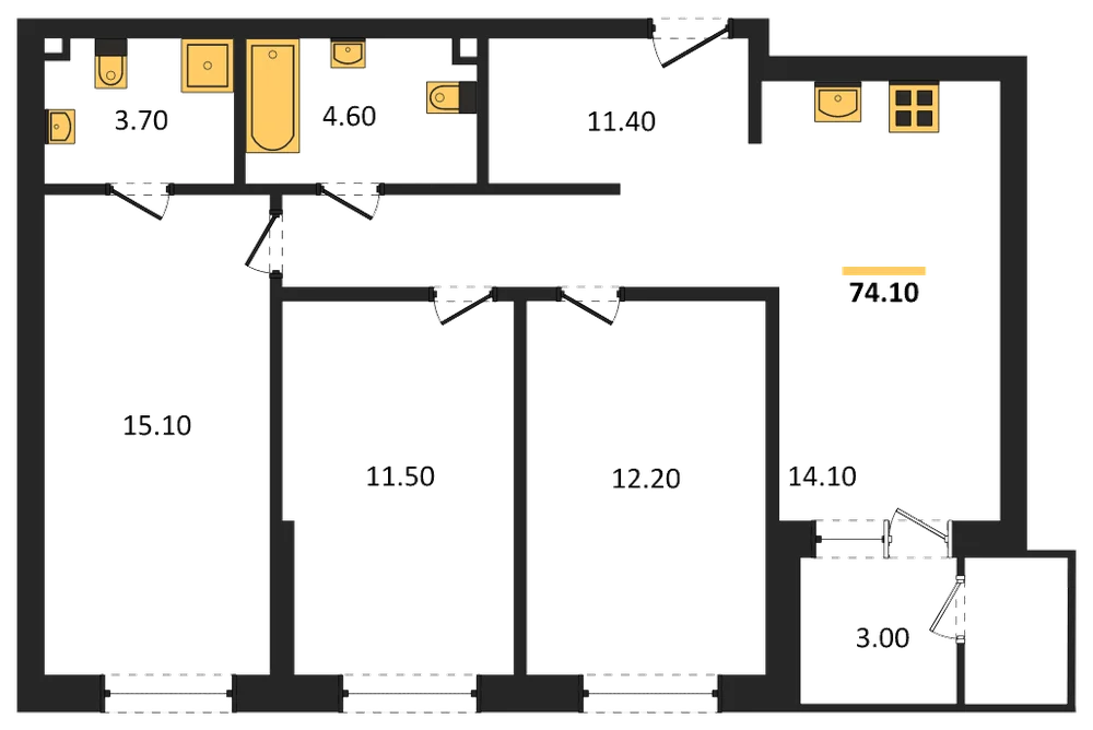 Планировка: 3-комн., 74,1 м²