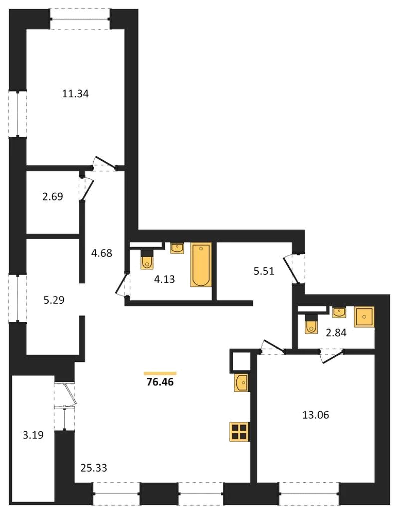 Планировка: 2-комн., 76,5 м²