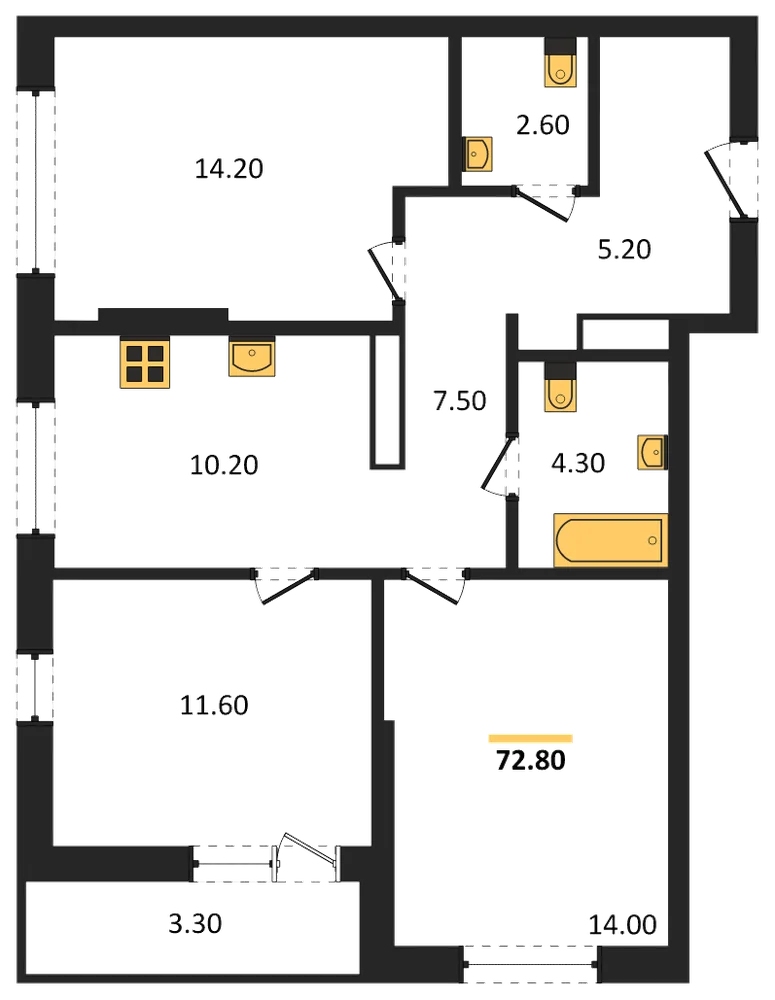 Планировка: 3-комн., 73,3 м²