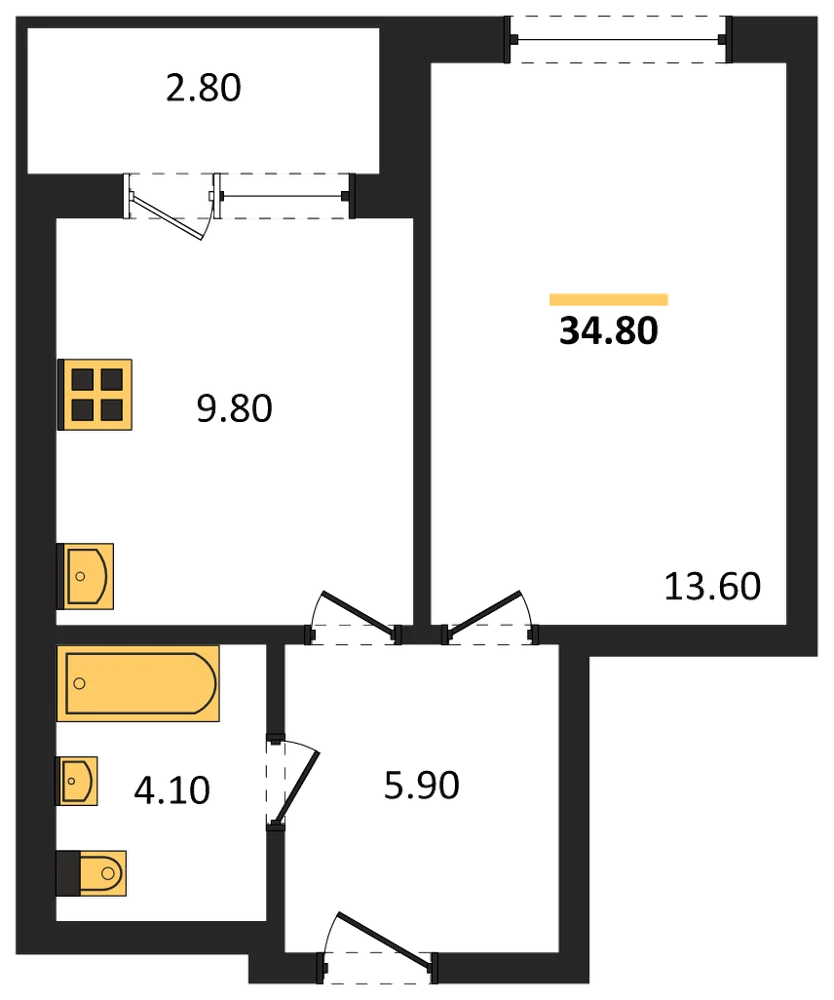 Планировка: 1-комн., 34,7 м²