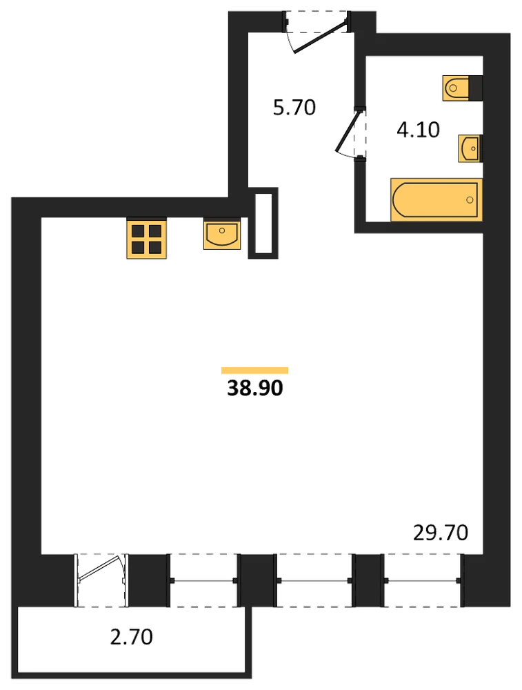 Планировка: 1-комн., 38,9 м²