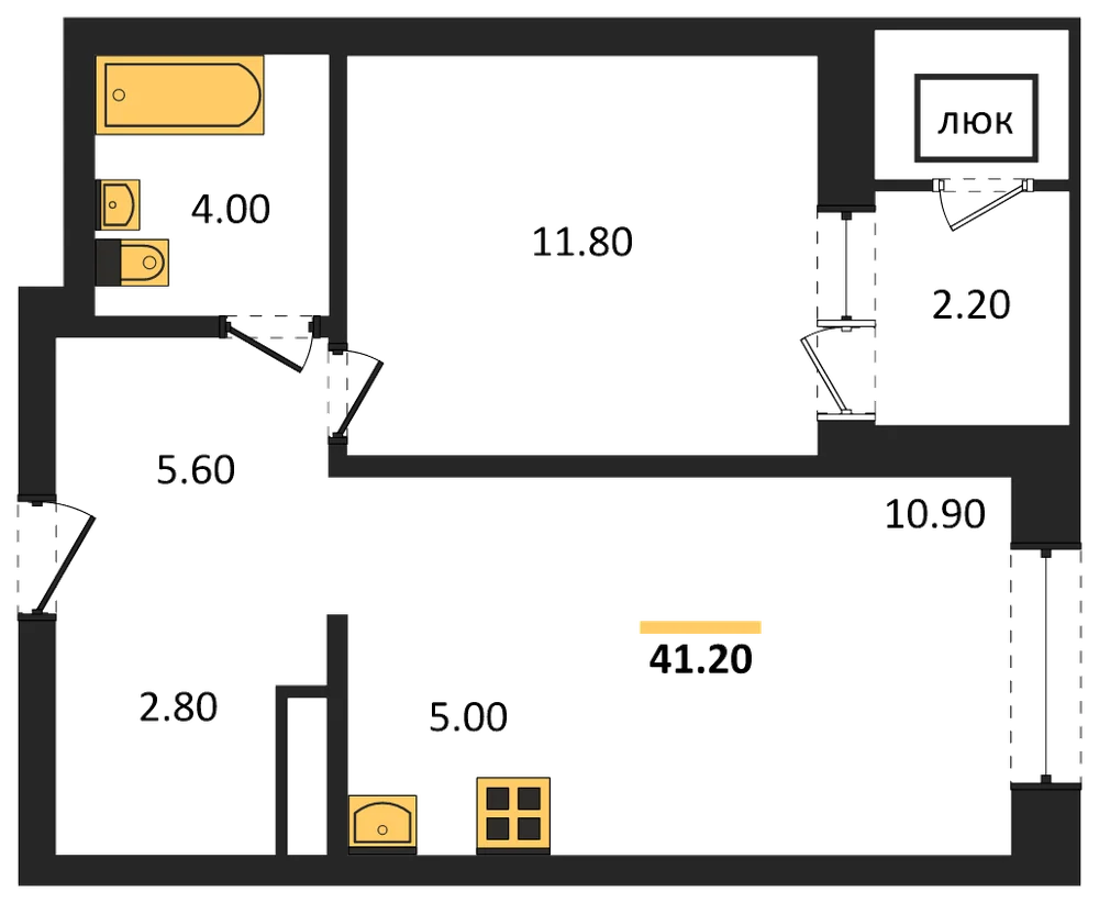 Планировка: 2-комн., 41,2 м²