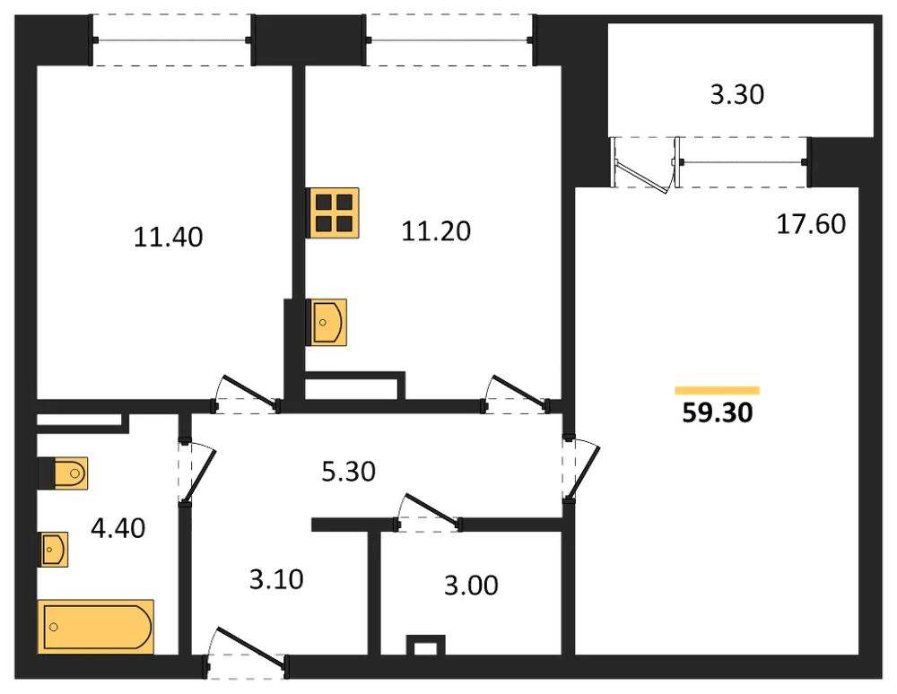 Планировка: 2-комн., 59,3 м²