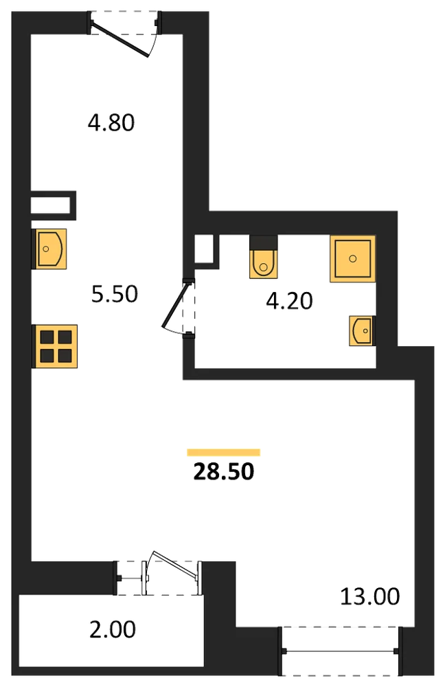 Планировка: Студия, 28,5 м²