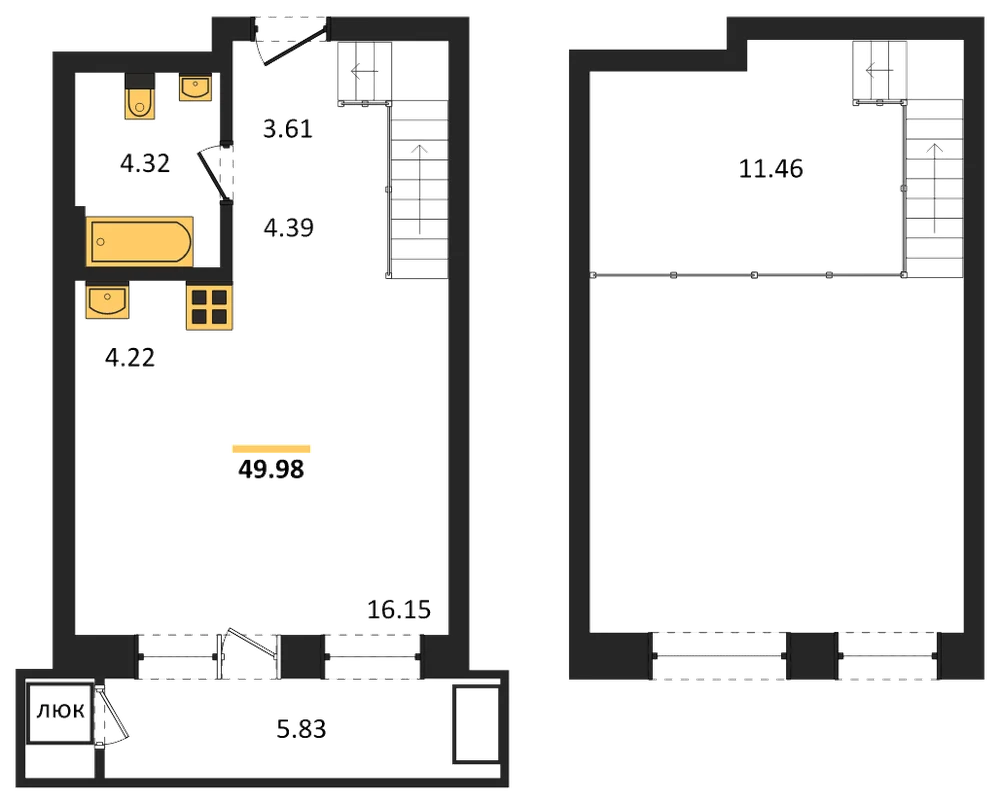 Планировка: 1-комн., 50 м²