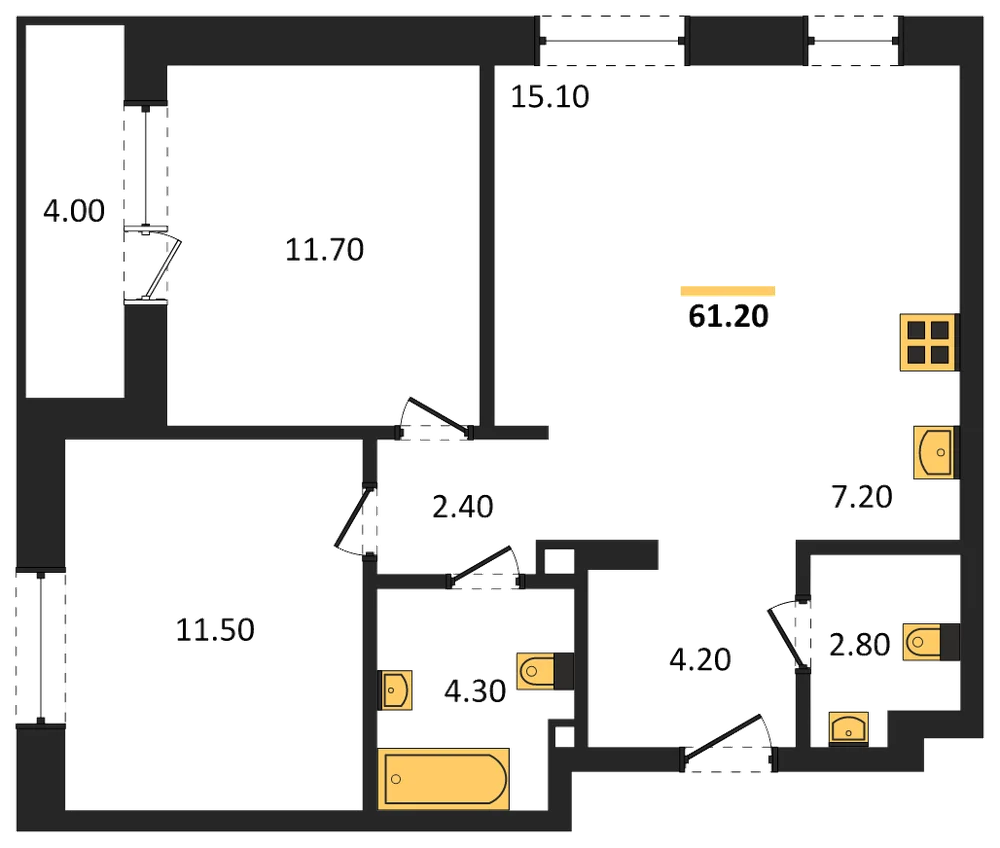 Планировка: 2-комн., 61,2 м²