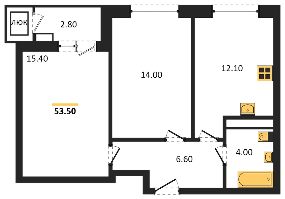 Планировка: 2-комн., 53,5 м²