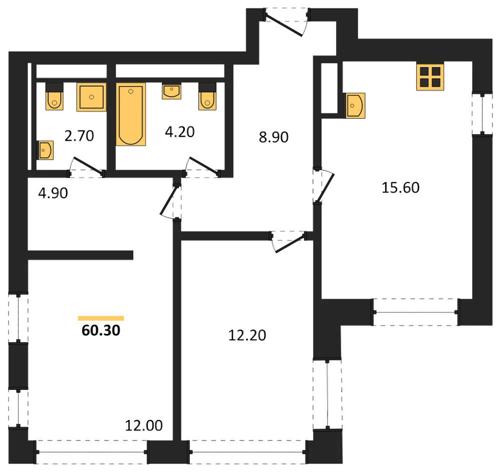 Планировка: 2-комн., 60,5 м²