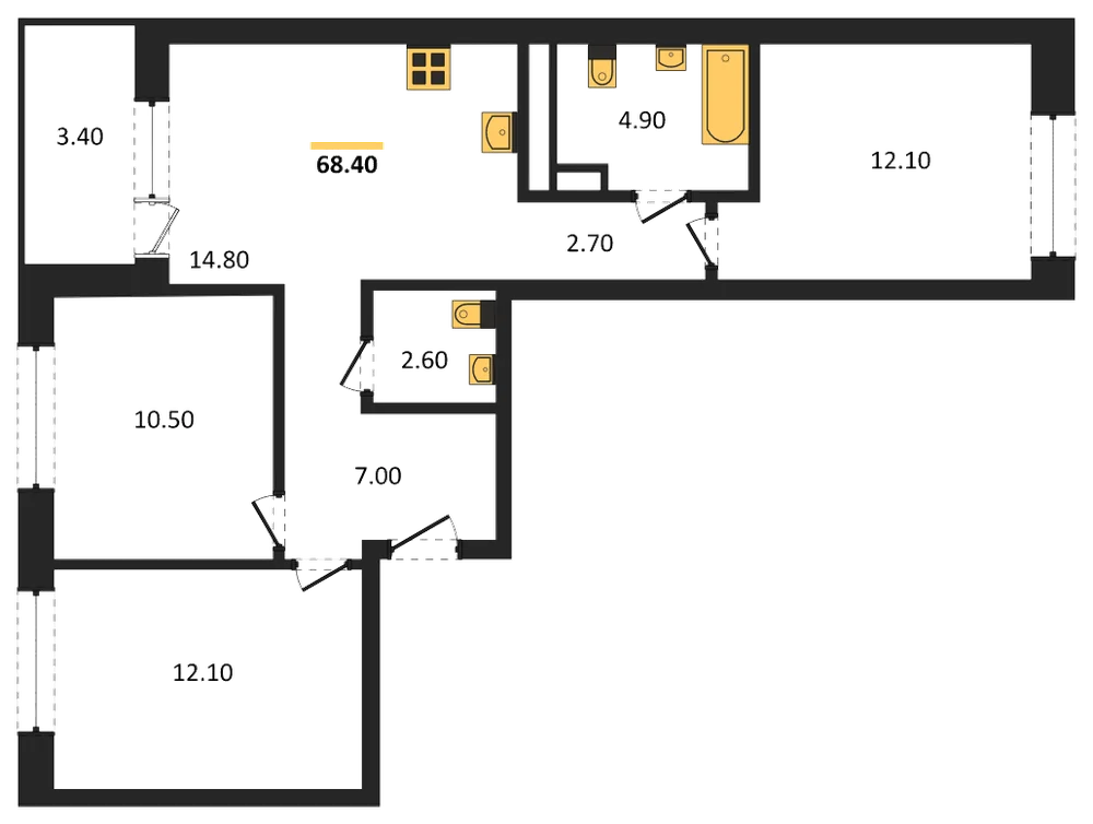 Планировка: 3-комн., 68,4 м²