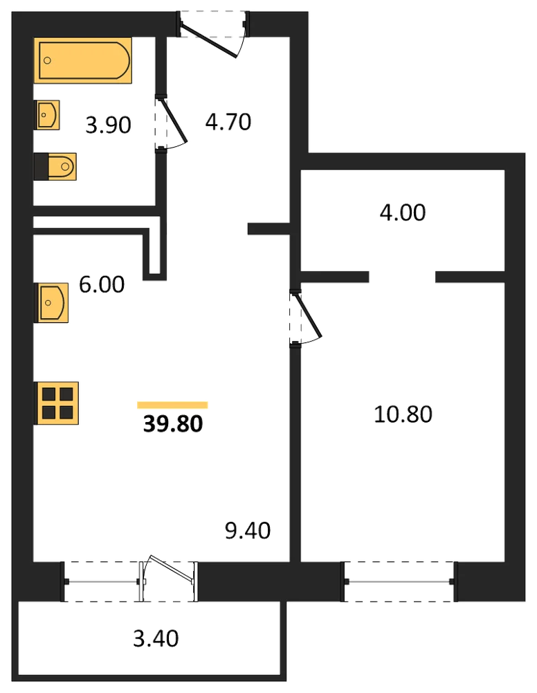 Планировка: 1-комн., 38,3 м²