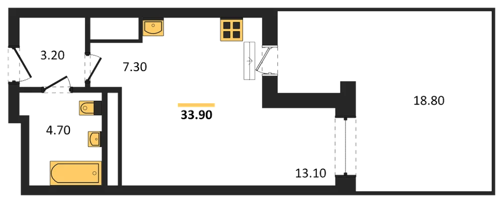 Планировка: Студия, 33,9 м²