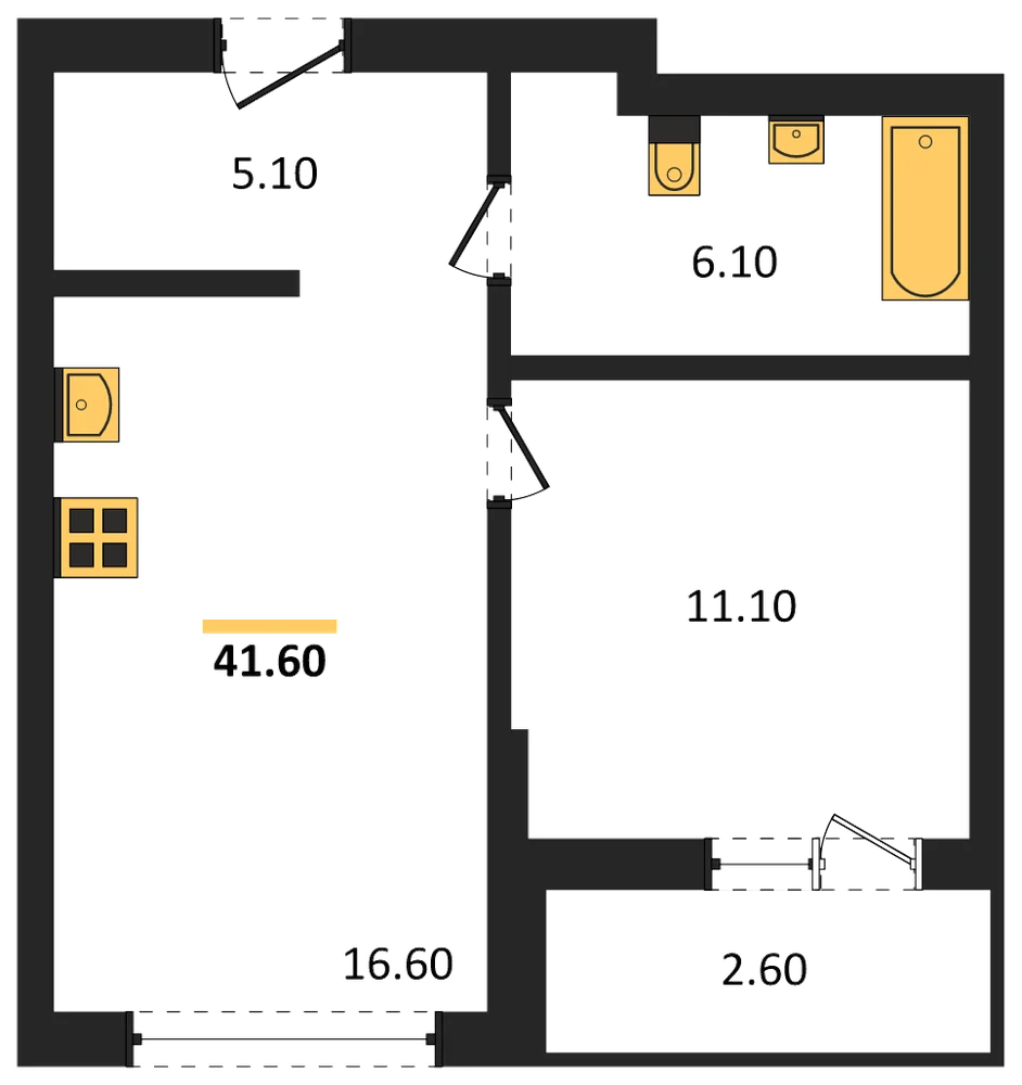 Планировка: 1-комн., 41,6 м²