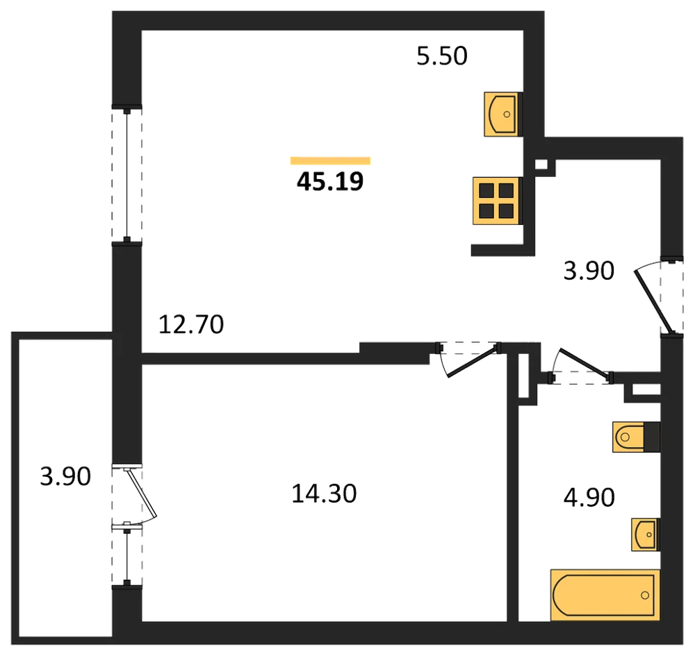 Планировка: 1-комн., 45,2 м²