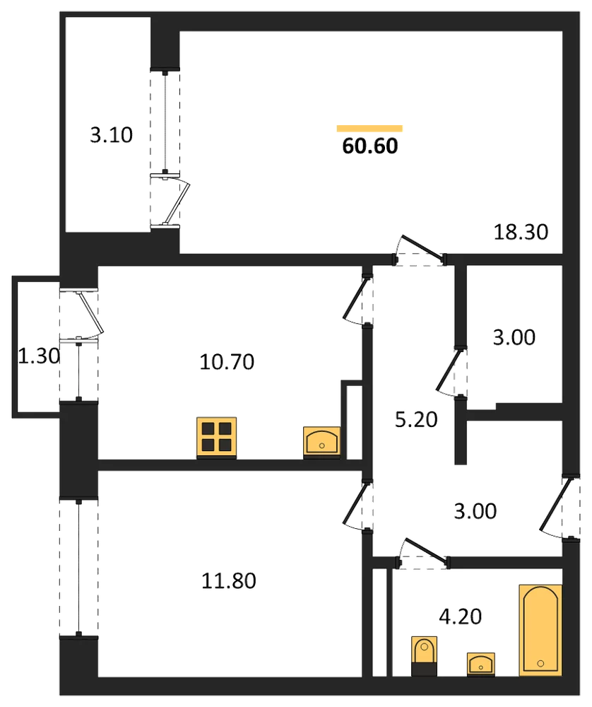 Планировка: 2-комн., 60,6 м²