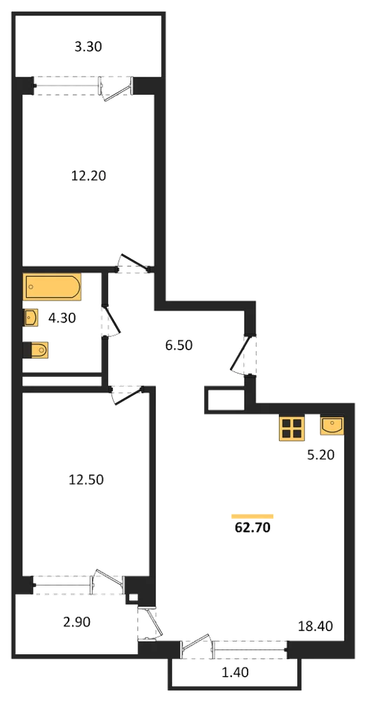 Планировка: 2-комн., 62,7 м²