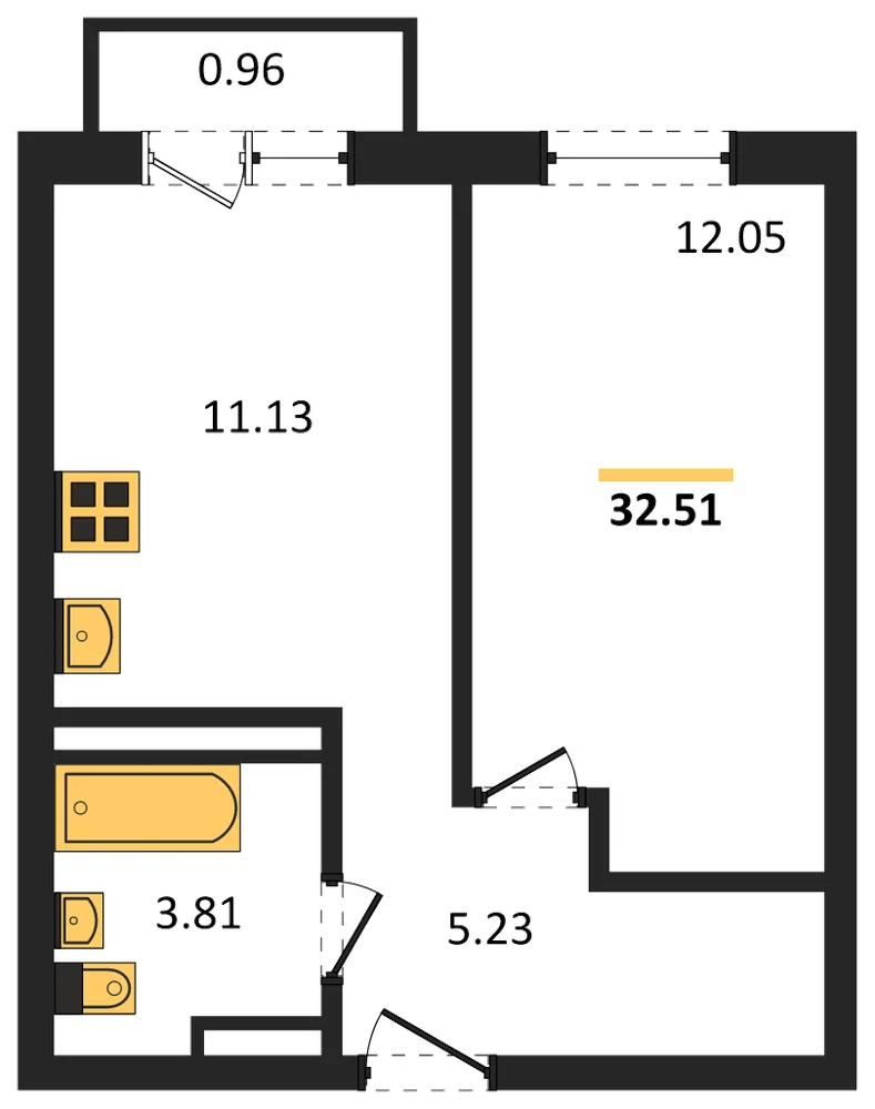 Планировка: 1-комн., 32,5 м²