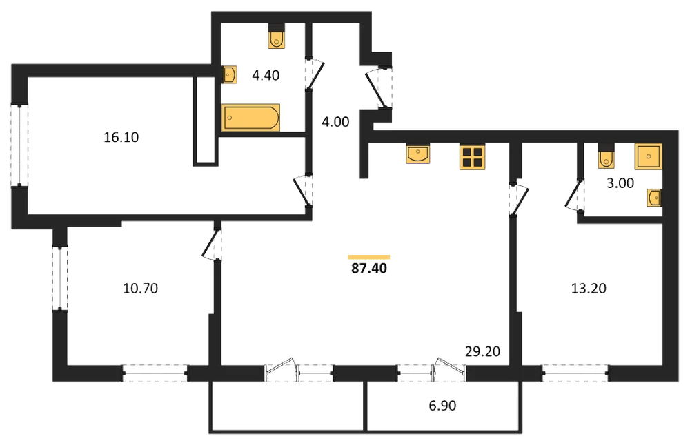 Планировка: 3-комн., 87,4 м²