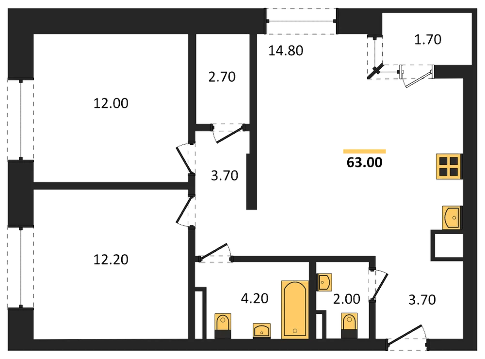 Планировка: 2-комн., 63 м²