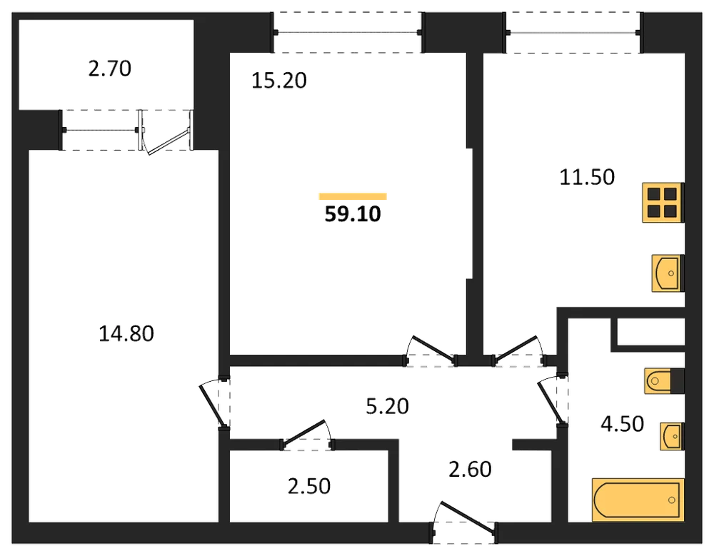 Планировка: 2-комн., 59,1 м²