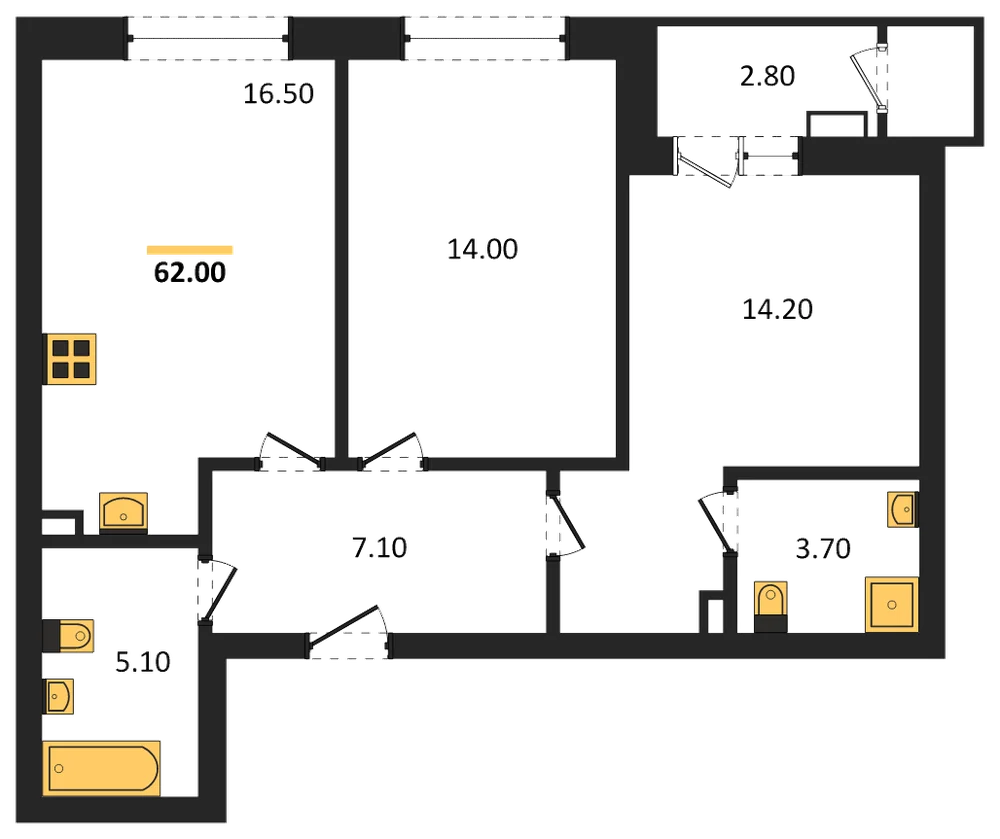 Планировка: 2-комн., 62 м²