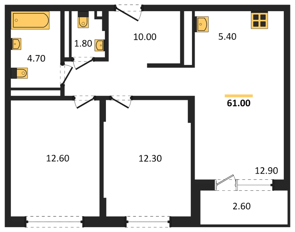 Планировка: 2-комн., 61 м²
