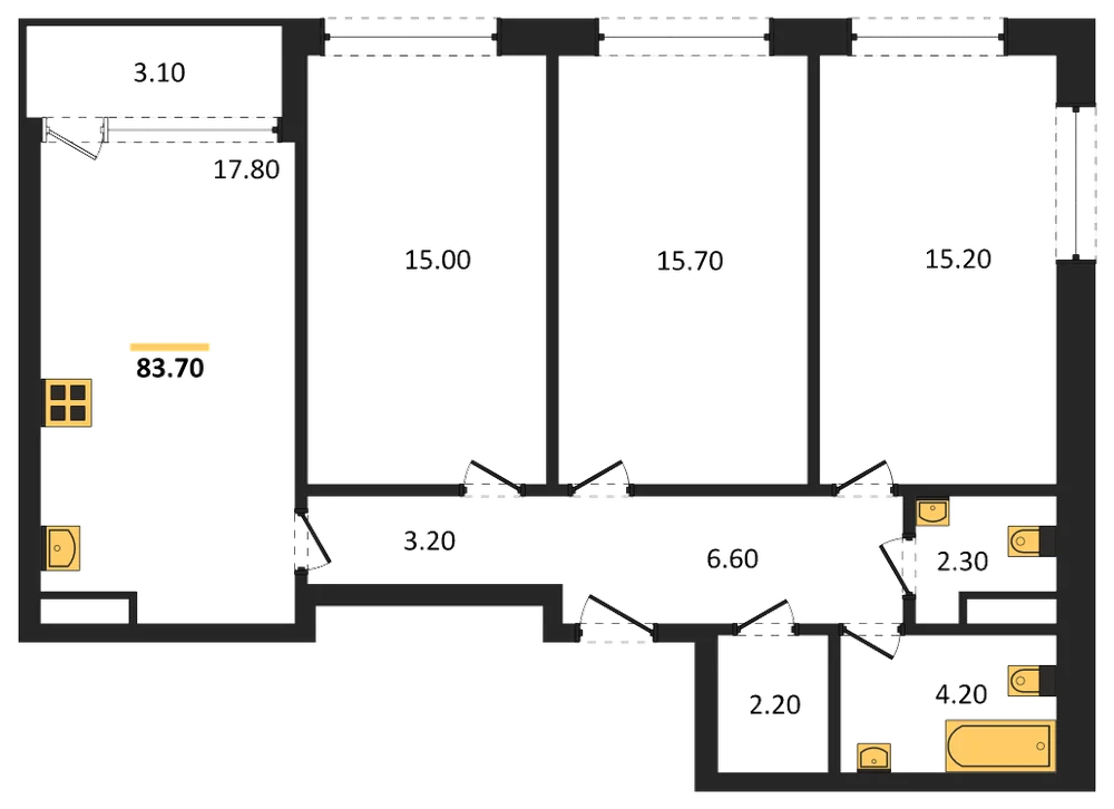 Планировка: 3-комн., 83,7 м²
