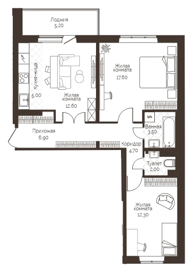 Планировка: 2-комн., 67,2 м²