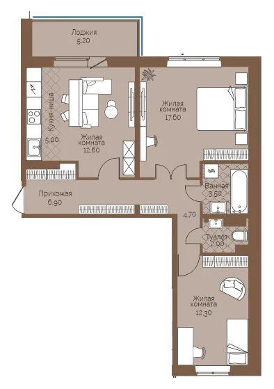 Планировка: 2-комн., 67,2 м²