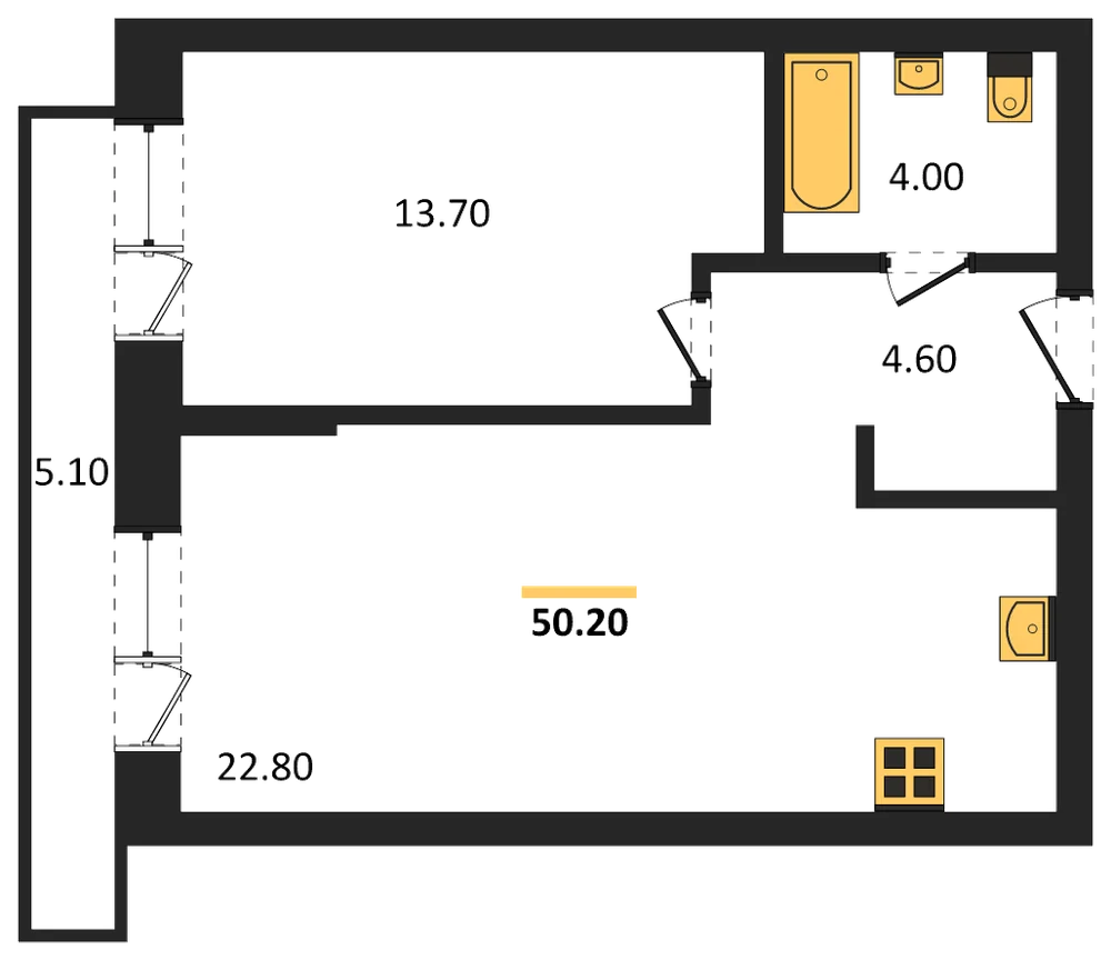 Планировка: 1-комн., 46,6 м²