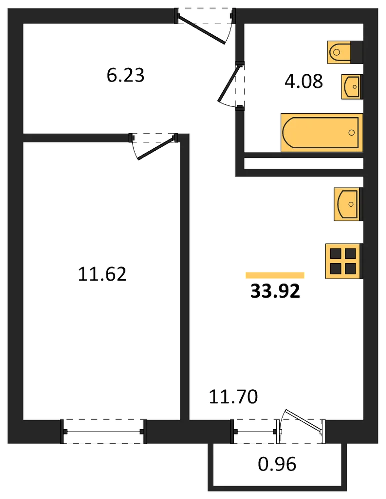 Планировка: 1-комн., 33,9 м²