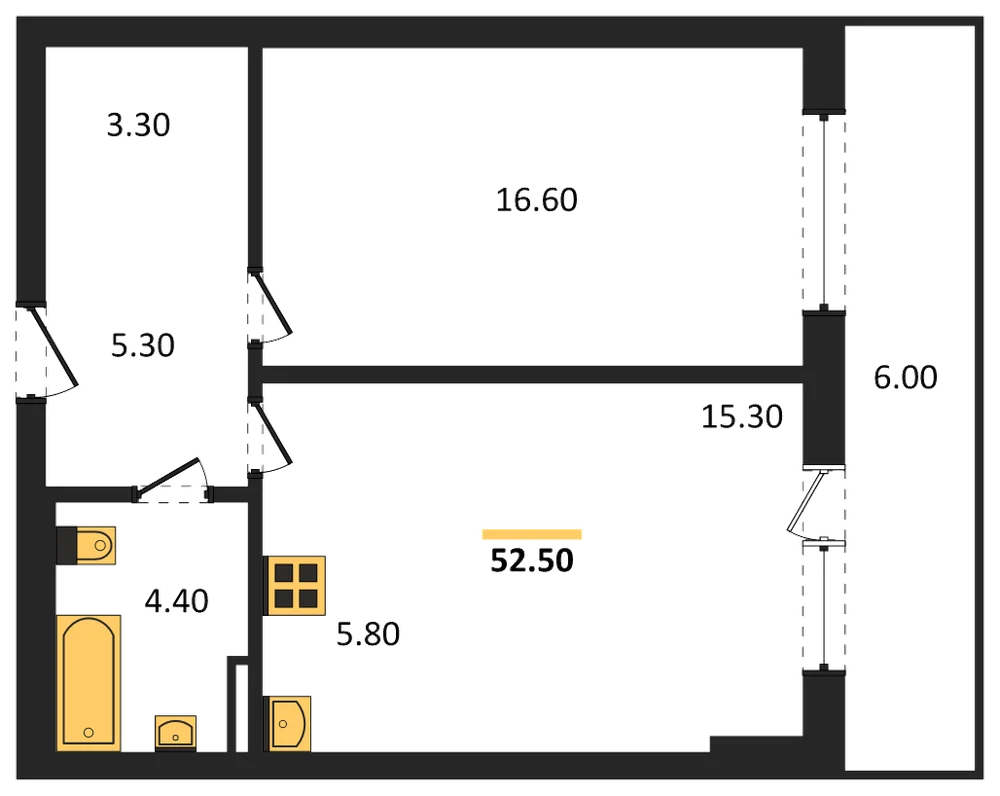 Планировка: 1-комн., 52,5 м²