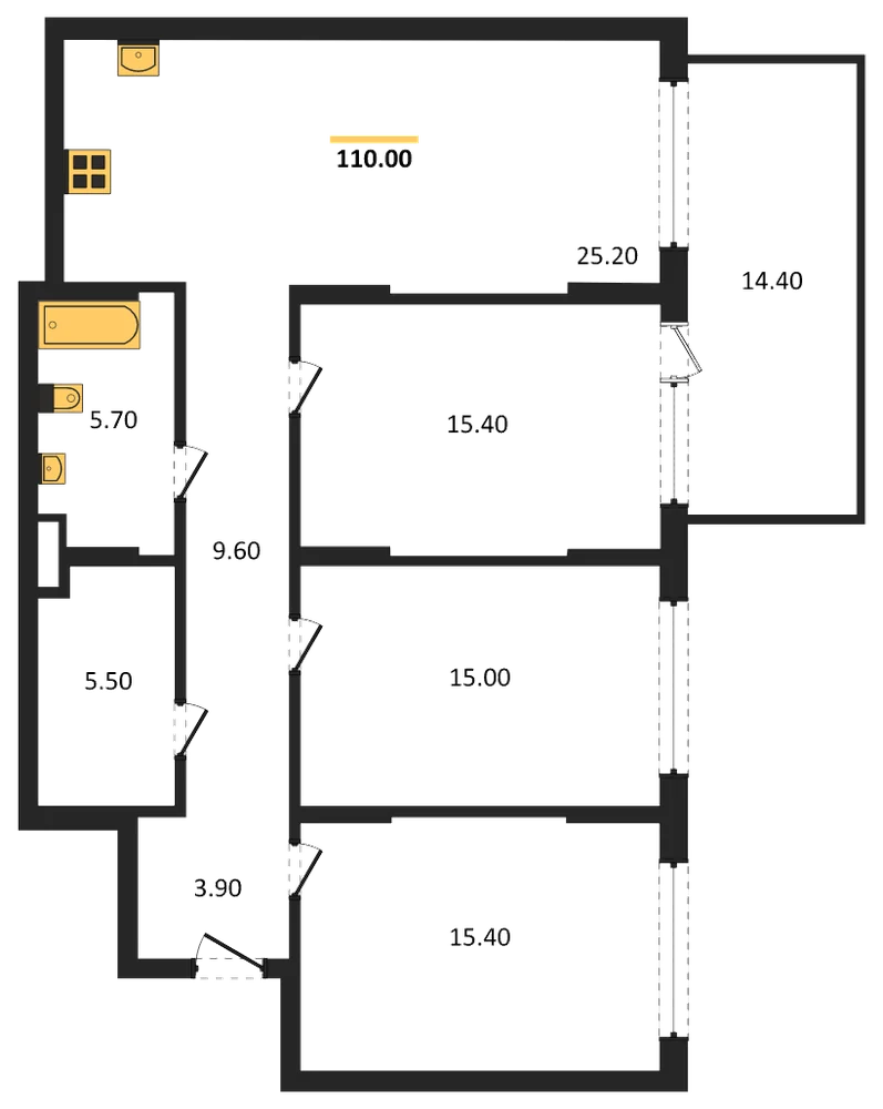 Планировка: 3-комн., 110 м²