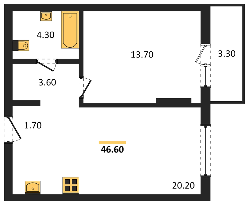 Планировка: 1-комн., 46,6 м²