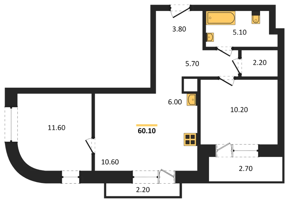 Планировка: 2-комн., 60,1 м²