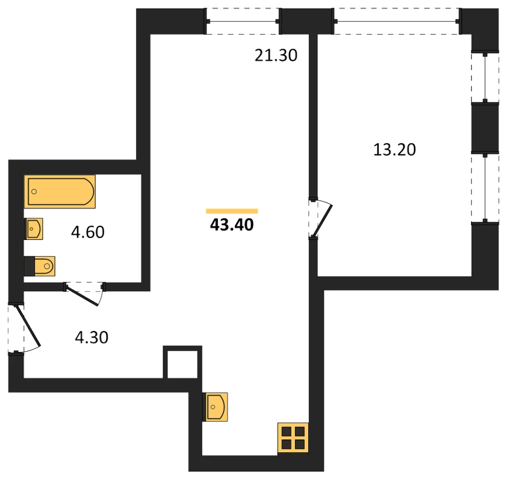 Планировка: 1-комн., 43,4 м²