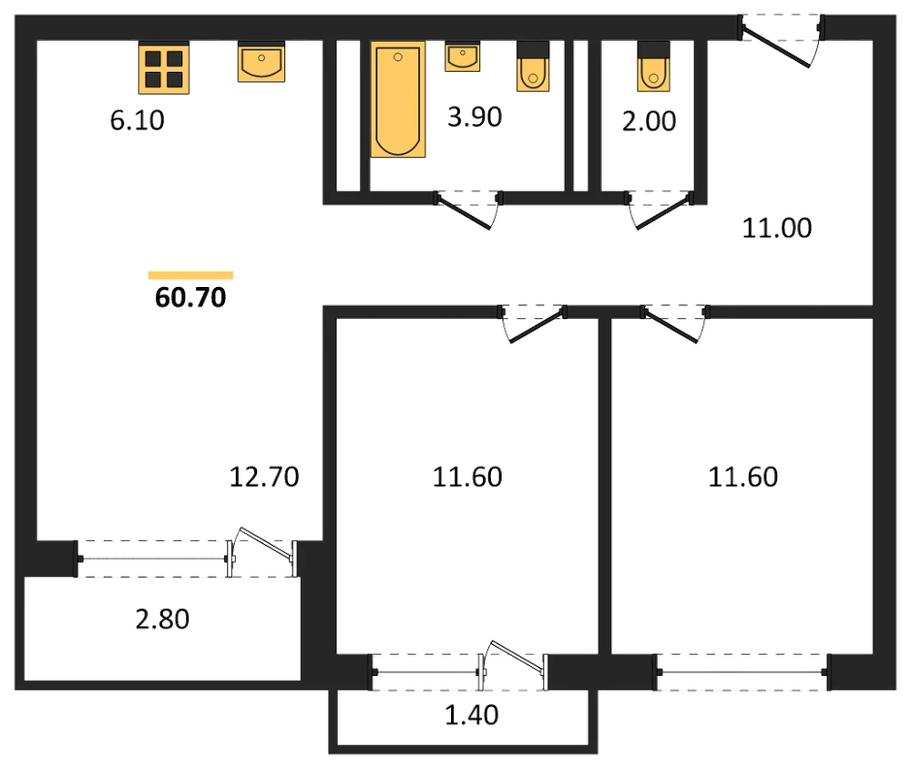 Планировка: 2-комн., 60,7 м²