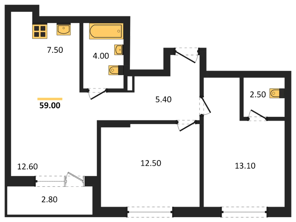 Планировка: 2-комн., 59 м²