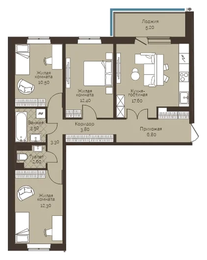 Планировка: 3-комн., 74,8 м²