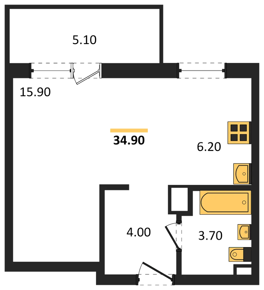 Планировка: Студия, 34,9 м²